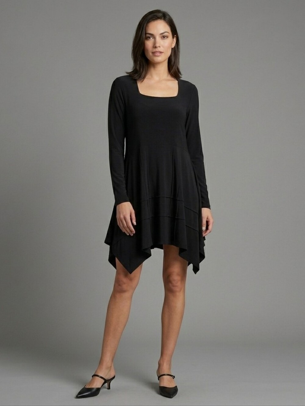 Sympli Black Jersey Long Sleeve Peaked Hem Tunic Dress